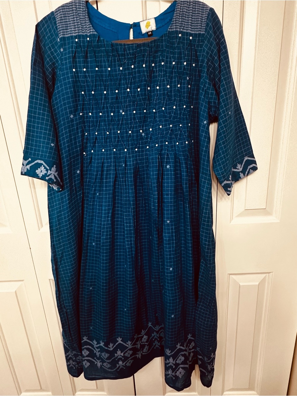 Blue Checked Embroidered Zamdani Women’s Dress in mulmul Fabric size 23” or XL